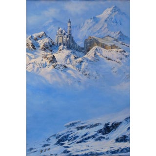 Over the Pass by Rob Alexander | Oil on panel Snowy mountains with a castle in the distance For Sale