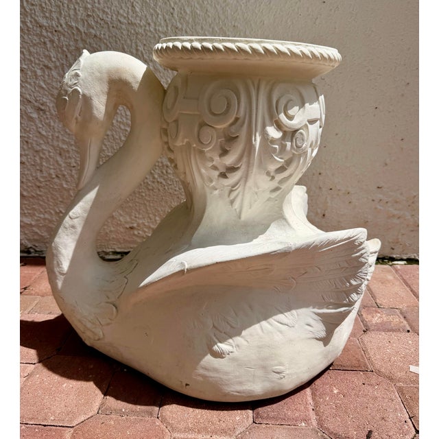Vintage Hollywood regency style white plaster swan garden stool, or can be used as a drink table by the pool White plaster...
