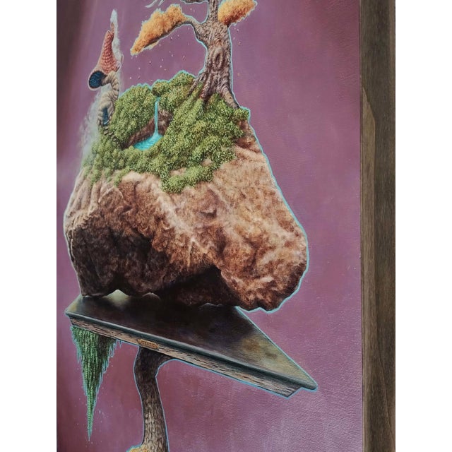 This artwork presents a whimsical scene featuring an imaginative creature with a textured, oversized hat, perched atop a...