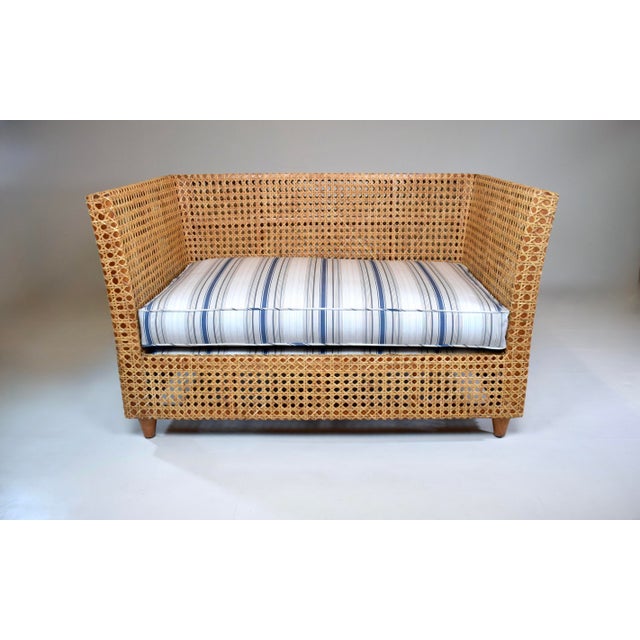 Modern Caned Teak Rattan Loveseat in Blue and White Sunbrella Fabric For Sale - Image 13 of 15
