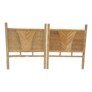 1970s Vintage Mid Century Modern Rattan Wicker Chevron Pencil Reed Twin Size Headboards- A Pair