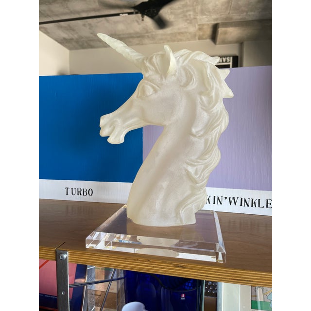 1980s Italian Frosted Lucite Acrylic Unicorn Bust Signed Postmodern Sculpture Object For Sale - Image 4 of 12
