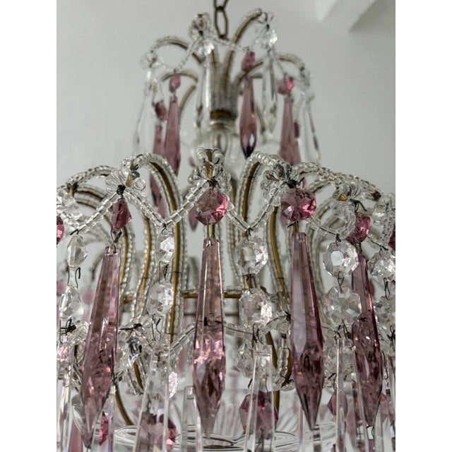 Italian Micro-Beaded Tiered Amethyst Crystal Prisms Chandelier C 1920 One of Two For Sale - Image 12 of 14