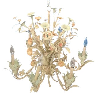 1960s Large Italian Tole Floral Chandelier in White, Blush Pink and Celadon For Sale