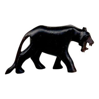 Vintage Traditional Black Panther Wood Carved Sculpture For Sale
