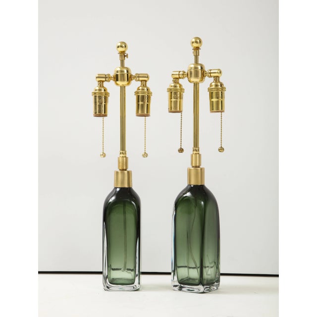 Mid-Century Modern Bottle Green Crystal Lamps by Orrefors - A Pair For Sale - Image 3 of 8