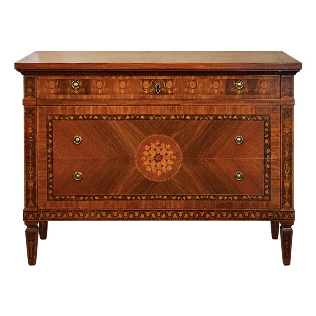 Vintage Italian Marquetry Walnut Commode For Sale