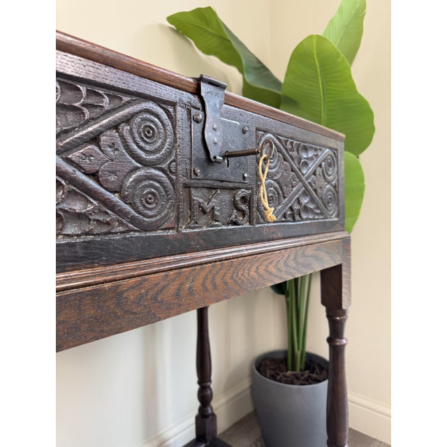 Wood Antique Carved Oak Bible Box on Stand, Early 18th Century For Sale - Image 7 of 14