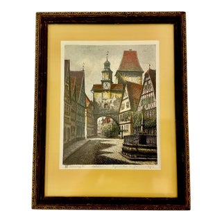 1960s Vintage Rustic European German Rothenburg Markus Tower Original Hand Colored Etching, Ernst Geissendorfer For Sale