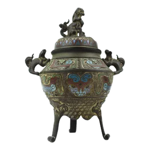 Early 20th Century Antique Cloisonné Enamel Bronze Japanese Dragon Knob and Handles Incense Burners