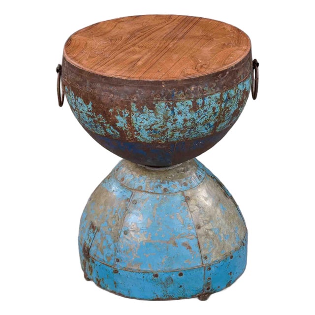 Hand-Forged Metal Hourglass Side Table With Wood Top For Sale