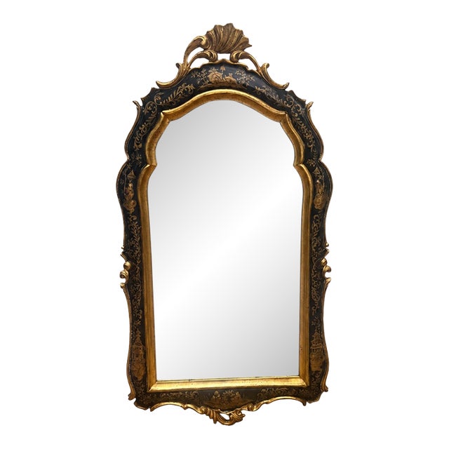 Vintage Italian Venetian Style Black & Gilt Chinoiserie Wall Mirror For Sale