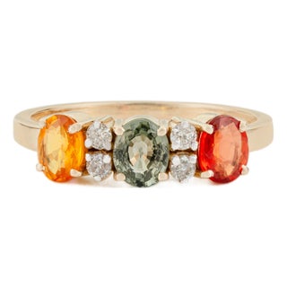 1.53 Carat Multi-Sapphire & Diamond Three-Stone Vintage 14k Gold Ring Size 6 For Sale