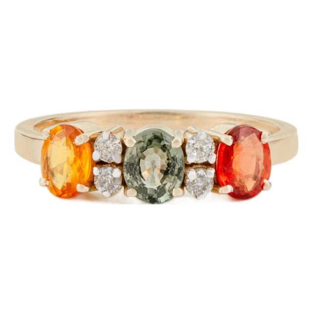 1.53 Carat Multi-Sapphire & Diamond Three-Stone Vintage 14k Gold Ring Size 6 For Sale