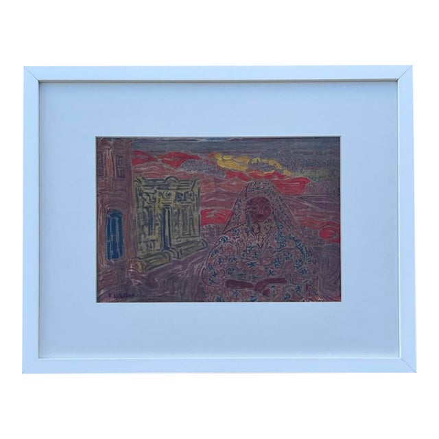 Inji Efflatoun “Untitled” Mixed Media Painting, Egypt For Sale