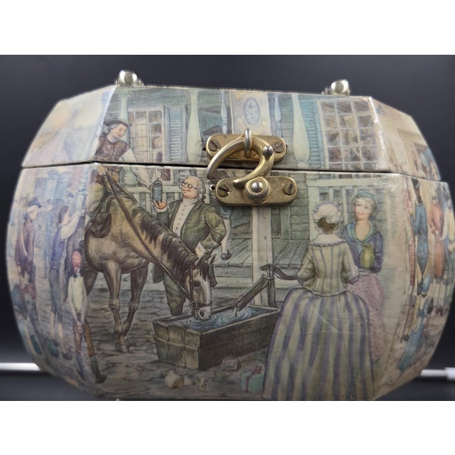 Vintage Decoupaged Octagonal Vanity Box/Purse With Colonial Tavern Scene For Sale - Image 9 of 16