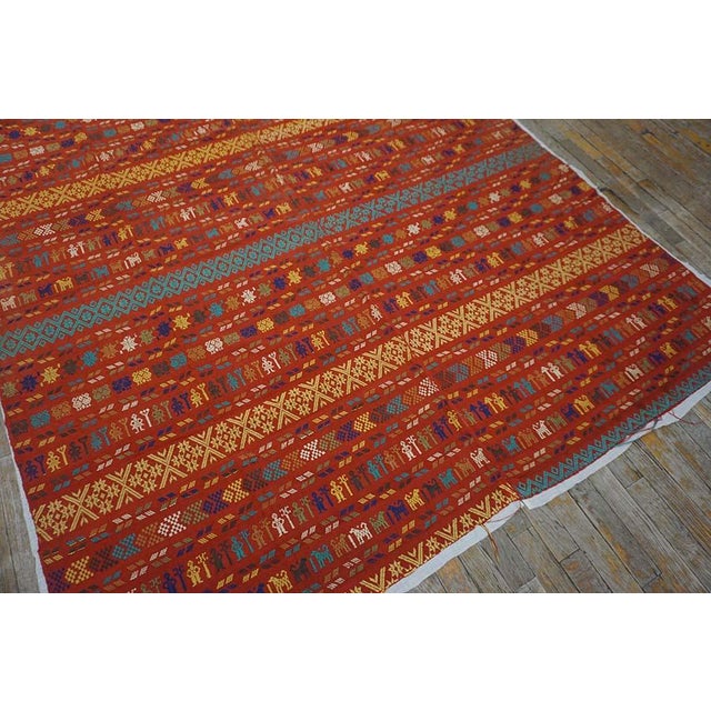 Outstanding Red Background Color With Yellow-Blue Stripe Geometric Design Antique European Swedish Flat-Weave For Sale - Image 11 of 13