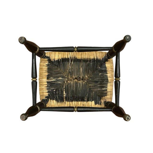 Antique Ebonized Hitchcock Stool / Footsool With Woven Rush Seat, Stenciling, & Spool Legs For Sale - Image 12 of 12