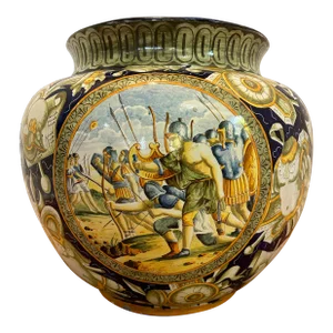 19th Century Tin Glazed Majolica Earthenware Planter Hand Painted With Roman Battle Scene