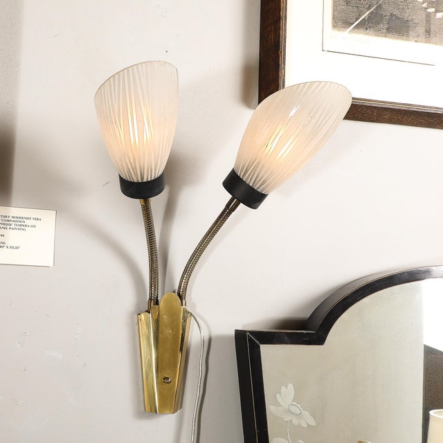 1940s Pair of Mid-Century Tulip Form Articulating Frosted Glass & Brass Fitted Sconces For Sale - Image 5 of 12