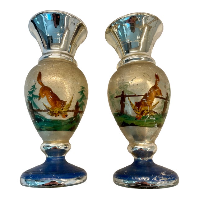 Pair of Mid 19th Century Antique Hunting Theme Mercury Glass Vases For Sale