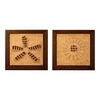 Pair of Vintage Textural Wall Panels – Organic Modern Framed Relief Art, Coastal Neutral Decor (16”) For Sale