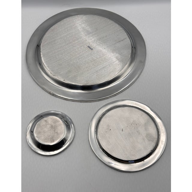 Vintage Mexican Heavy Aluminum Pewter Dinner Charger, Dessert, Coaster Plate 3pc For Sale - Image 4 of 7