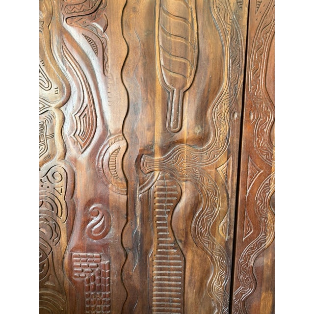 1920s Vintage Tribal Hand-Carved Barn Door | Brown Wooden Sliding Door Panel | Rustic Boho 80 For Sale - Image 5 of 8