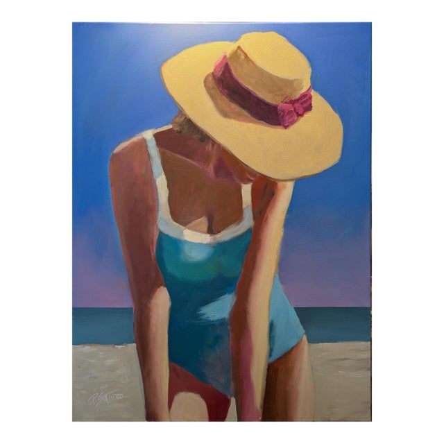 Sunlit Daydream - Summer Beach Scene, Woman With Beach Hat Oil on Canvas For Sale