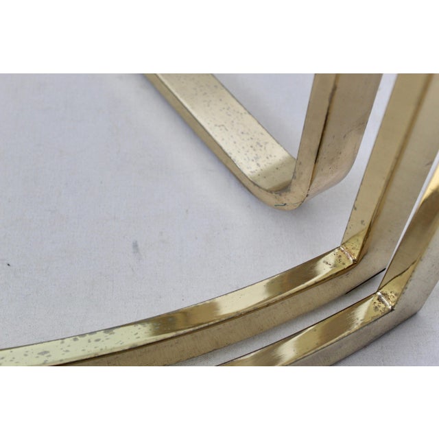 Metal 1980s Fan Nesting Table by Design Institute of America Three Tier Brass Flat Bar Glass Expandable For Sale - Image 7 of 12