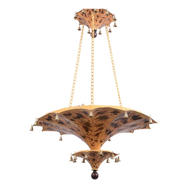 Vintage Art Deco Two-Tiers Upside Down Umbrella Ceiling Chandelier With Faux Tortoiseshell For Sale