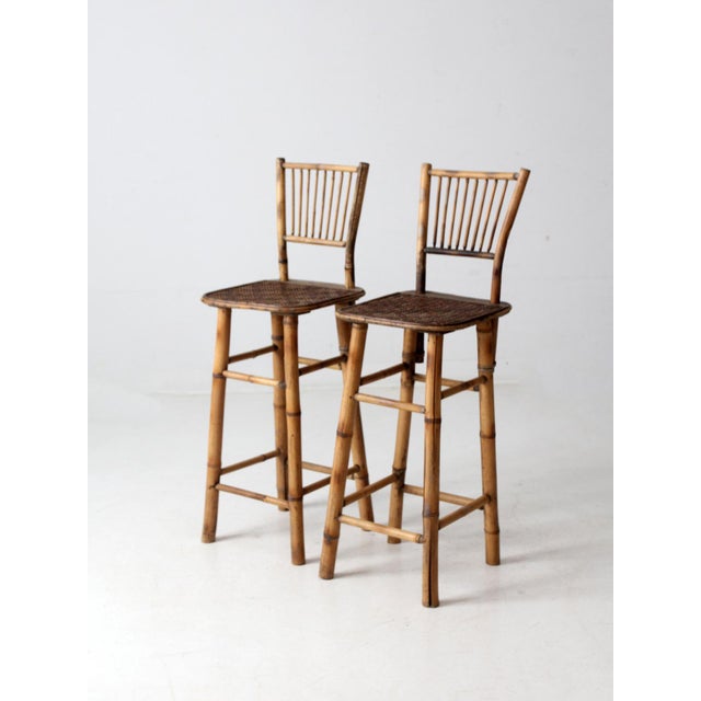 Brown Mid Century Bamboo Bar Stools Pair For Sale - Image 8 of 12