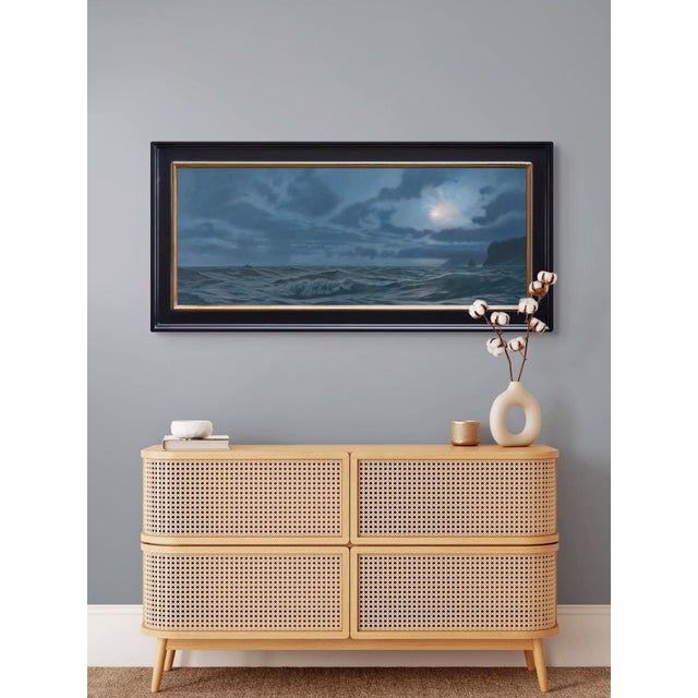 Contemporary Homeward Bound by Mark Harrison | Oil on canvas painting of a boat in rough seas under a moonlit sky For Sale - Image 3 of 5