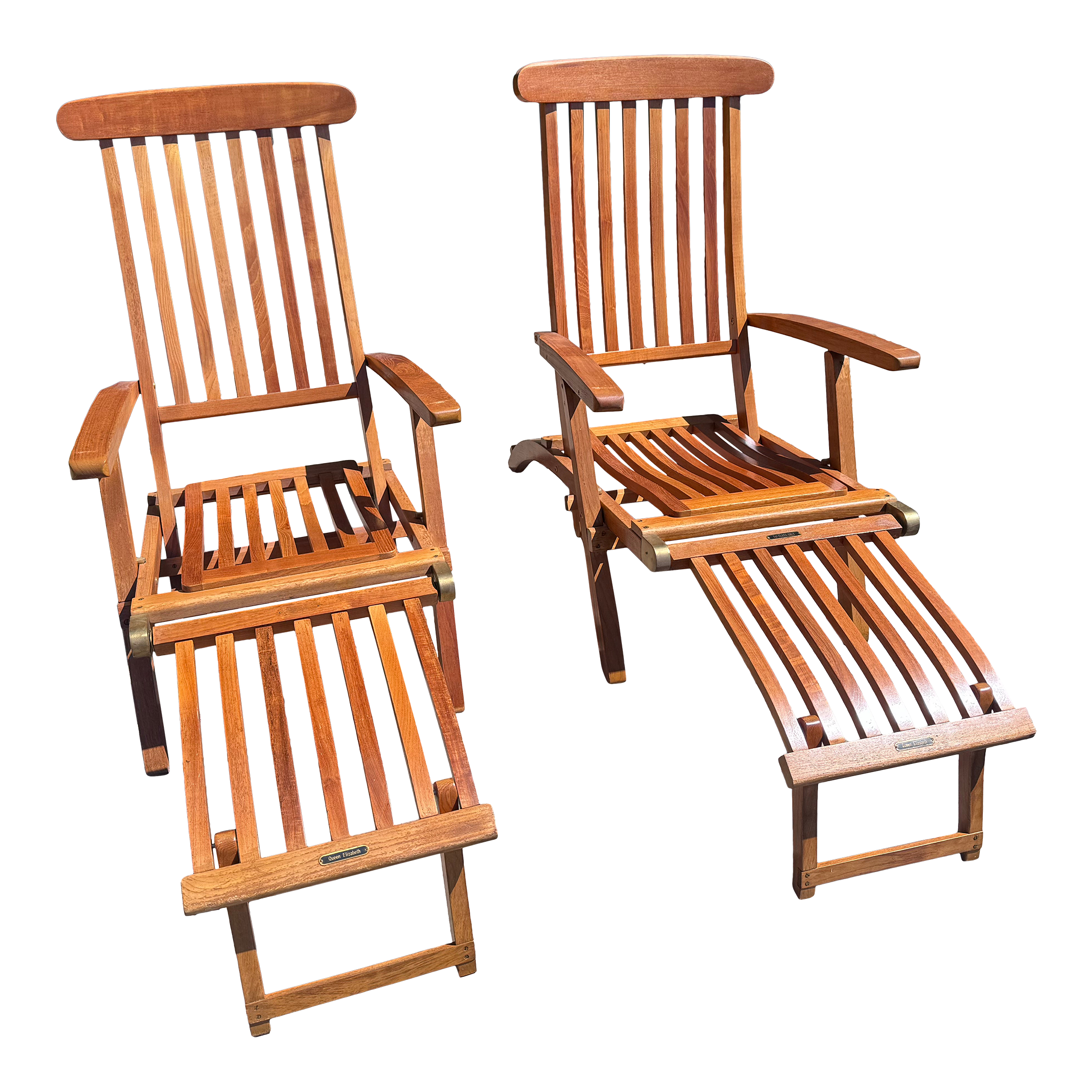 Late 20th Century Pair of Folding Teak Deck Chairs With Queen