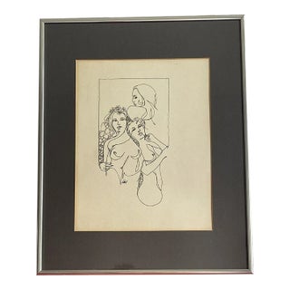Vintage Minimalist Figurative Nudes Line Drawing, Framed For Sale