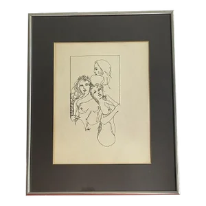 Vintage Minimalist Figurative Nudes Line Drawing, Framed