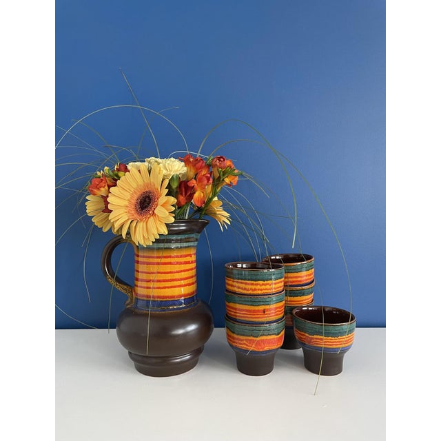 Pitcher and Cup Set in Ceramic, 1980s, Set of 7 For Sale - Image 4 of 5