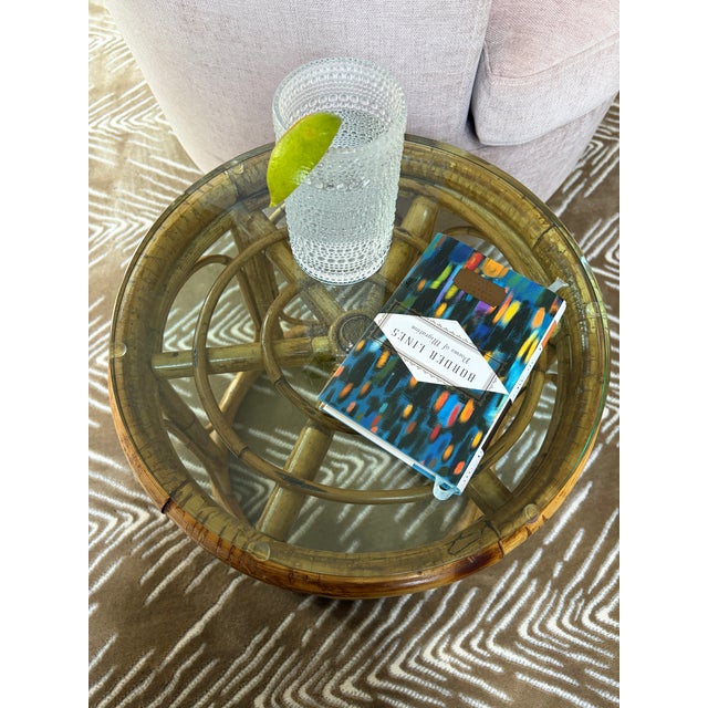 Mid 20th Century Glass-Topped Bamboo Side Table or Plant Stand For Sale - Image 5 of 7