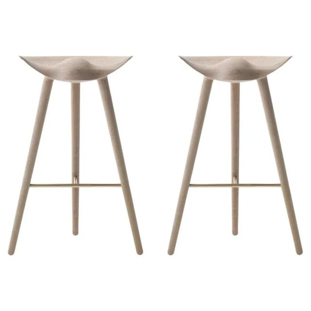 Wood Set of Oak and Brass Bar Stools by Lassen For Sale - Image 7 of 7