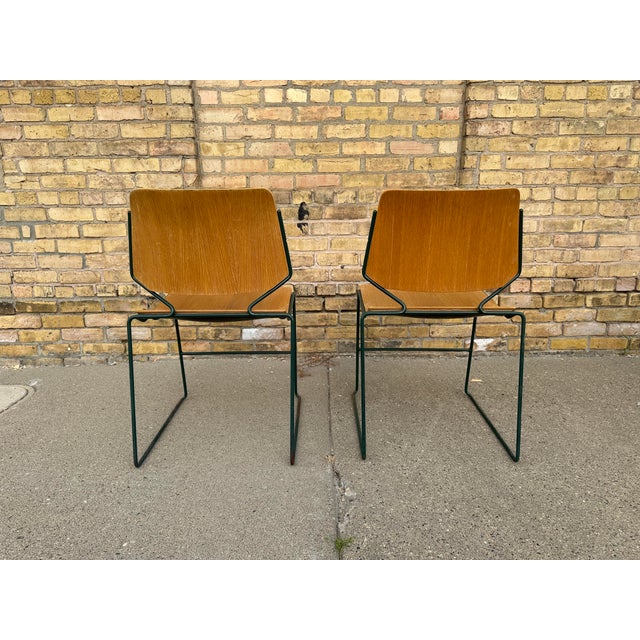 Vintage German School Chairs – Set of 8 – Green Metal + Plywood (Stackable) For Sale - Image 4 of 8