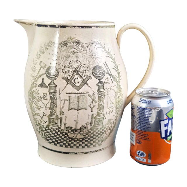 Olive-Green Transferware Masonic Creamware Jug from Staffordshire, 1800s For Sale - Image 11 of 12