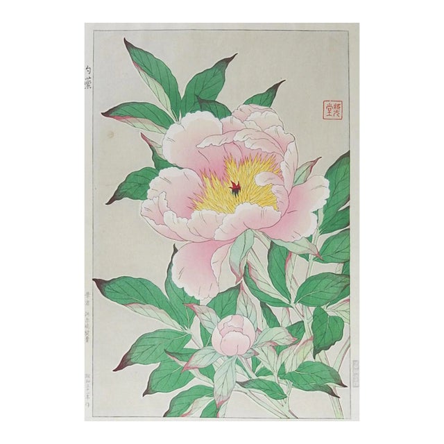 Vintage 1950s Kawarazaki Shodo Pink Peony Woodblock Print For Sale