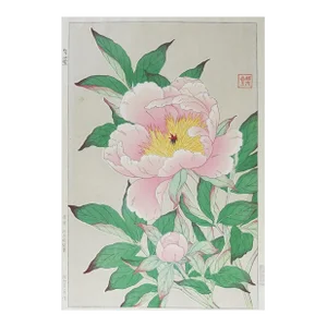 Vintage 1950s Kawarazaki Shodo Pink Peony Woodblock Print