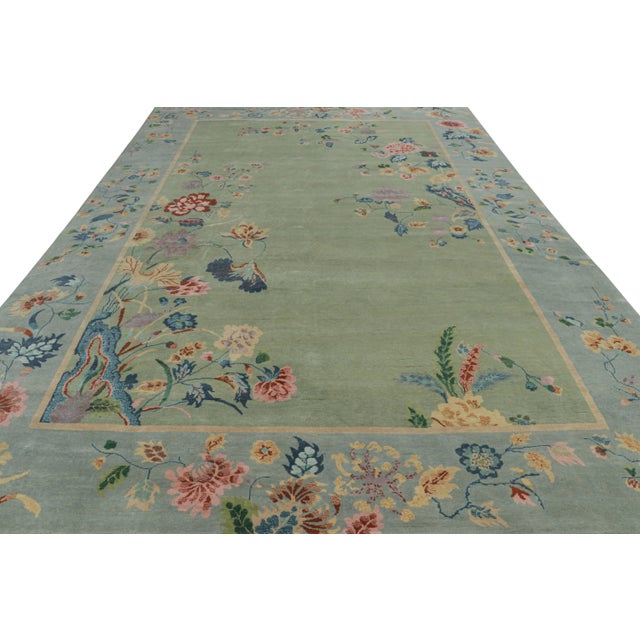 2010s Rug & Kilim’s Oversized Chinese Art Deco Style Floral Rug in Green and Blue For Sale - Image 5 of 7