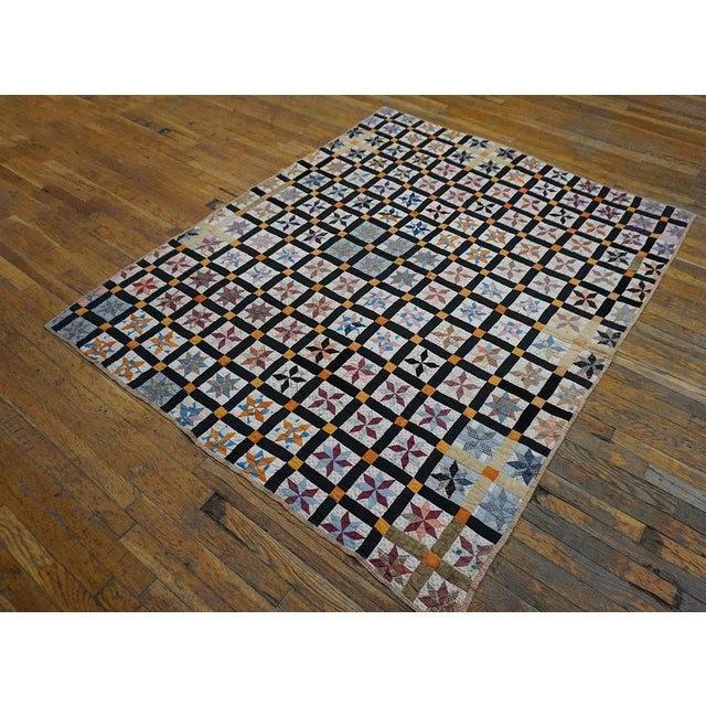 American 1930s Multicolor Geometric 4Star Antique American Quilt 5'3" X 6'5'' Handknotted Cotton Carpet Rug For Sale - Image 3 of 13