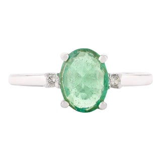 Genuine Oval Cut Emerald Solitaire Ring With Diamond in 14k White Gold For Sale