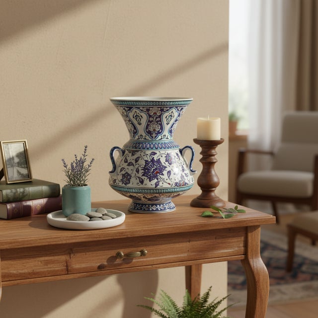 2020s Handmade Ceramic Tri Handled King Vase (30cm) Purple and Turquoise Hatai Pattern For Sale - Image 5 of 8