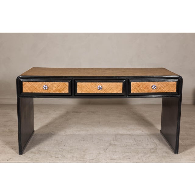Rattan over Wood Waterfall Desk with Black Lacquer Finish and Three Drawers For Sale - Image 10 of 12