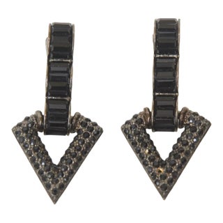 Vintage Hallmarked Diva Black Rhinestone Clip on Earrings, 1980's For Sale