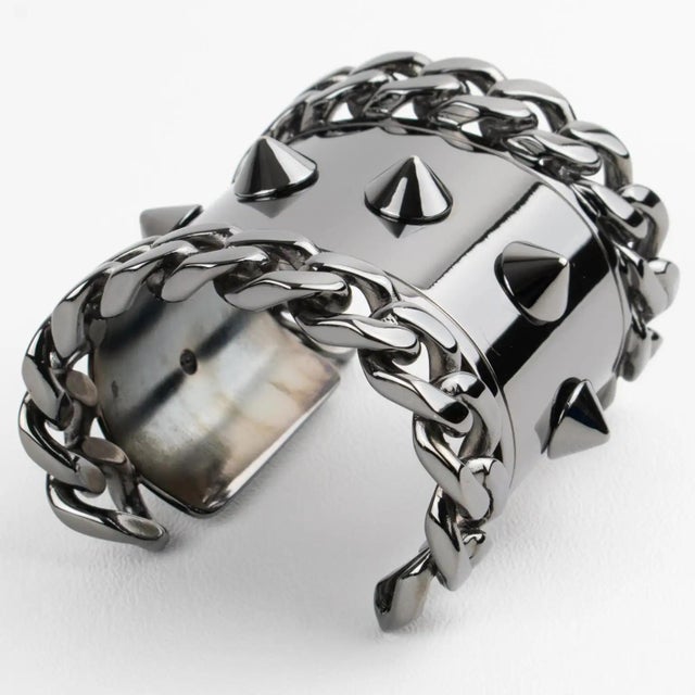 Givenchy Paris High-Gloss Gunmetal Chains and Studs Cuff Bracelet For Sale - Image 14 of 16